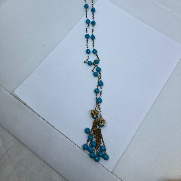Vtg 1930s MIRIAM HASKELL ?  turquoise glass beads tassel lavalier necklace - Picture 2 of 6